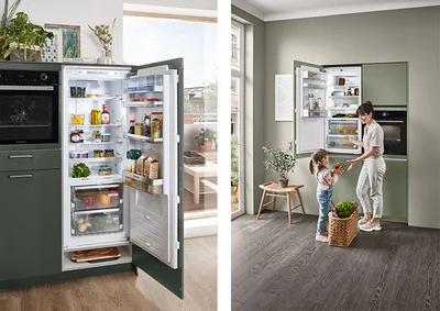 nobilia Einbau-Kühlschrank mit Gefrierfach in moderner Küchenzeile – Kühl- und Gefriergeräte mit optimaler Innenaufteilung, energiesparend und ergonomisch auf Augenhöhe integriert.