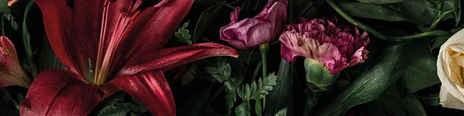 Eleganter Banner mit lebendigen Blumen und üppigem Grün, darunter rote Lilien, violette Blüten und helle Rosen vor einem dunklen Hintergrund.