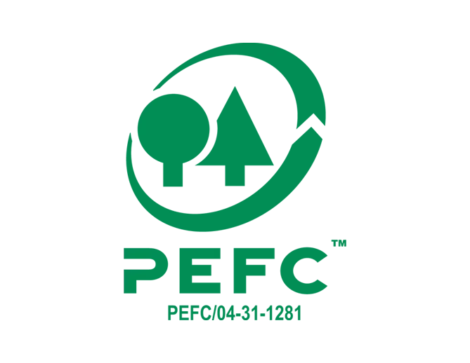 Einfaches grünes vertikales rechteckiges grafisches Logo des PEFC-Logos, das zwei einfache Bäume und den Fußzeilentext PEFC/04-31-1281 zeigt.