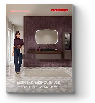Ein stilvolles Badezimmer-Setting ist auf dem Cover einer Zeitschrift mit einer Frau abgebildet, die über ihre Inneneinrichtung nachdenkt und moderne Inspiration für das Zuhause darstellt.