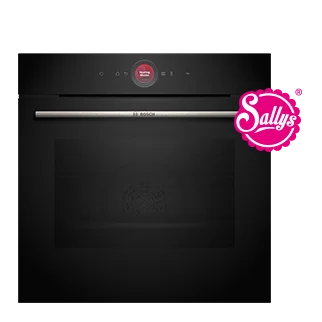 Moderne schwarzer Einbauofen mit Edelstahlgriff, digitalem Display, gebrandet mit dem Logo von "Sally's" und einem rosa Werbeabzeichen.