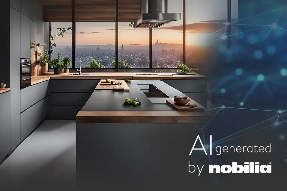 Moderne, AI generierte Küche mit weitem Stadtblick bei Sonnenuntergang und AI by nobilia Branding als Teaser für digitale Ideenwelten zu Küchen, Bad und Wohnzimmerplanungen.