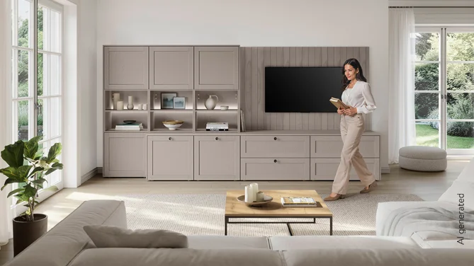 Wohnzimmermöbel in Macchiato im Landhausstil mit Wohnwand, offenen Regalfächern und integriertem Fernseher