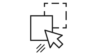 Icon mit quadratischem Bild und Pfeilcursor, der das Verschieben von Dekor und Möbel Bildern per Drag and Drop ins Moodboard für Schritt 2 „Bilder kombinieren“ symbolisiert.