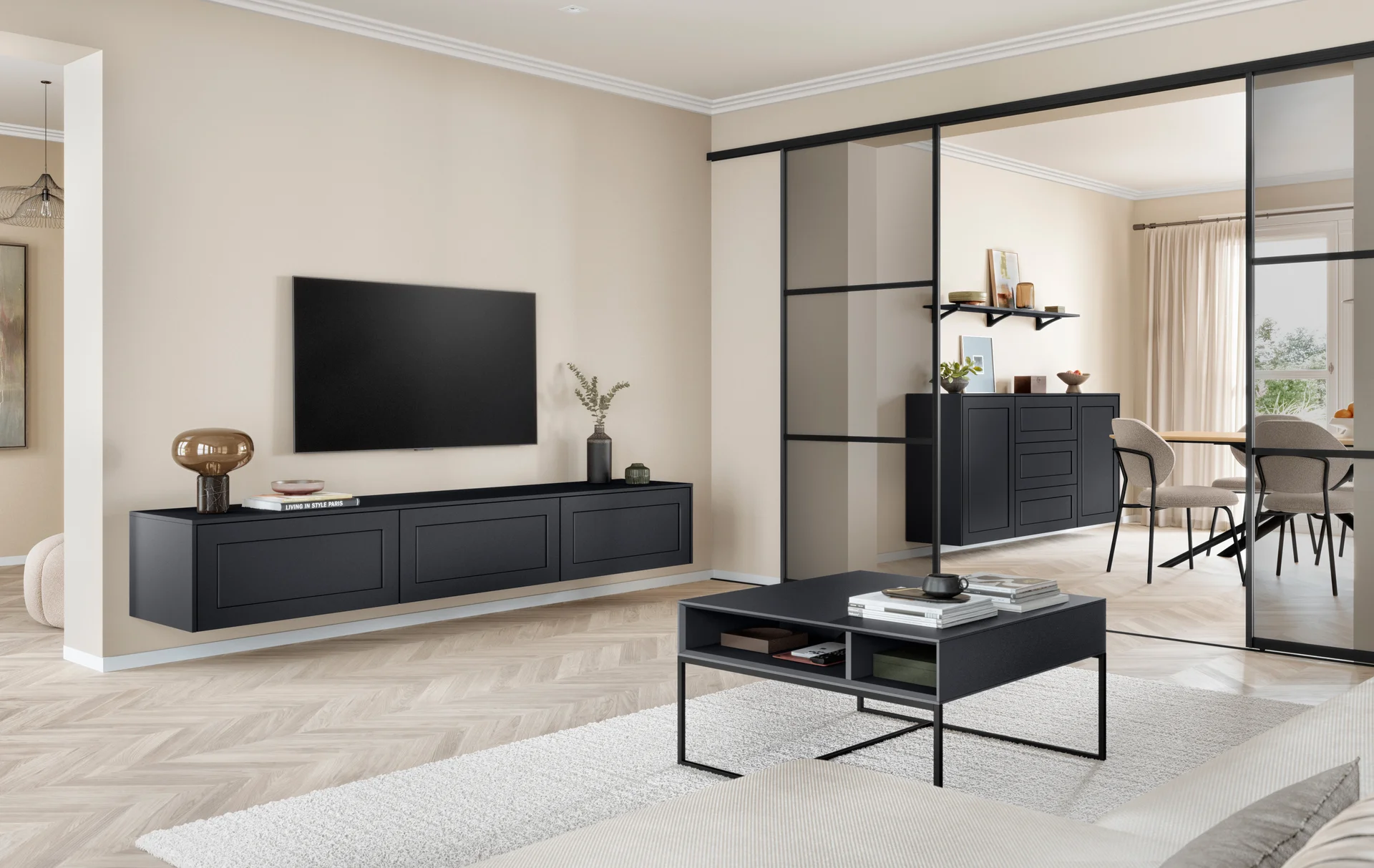 Wohnmöbel im Landhausstil: NORDIC 791 in Schwarz Perfect matt für stilvolles Wohnen mit klarer Linienführung.