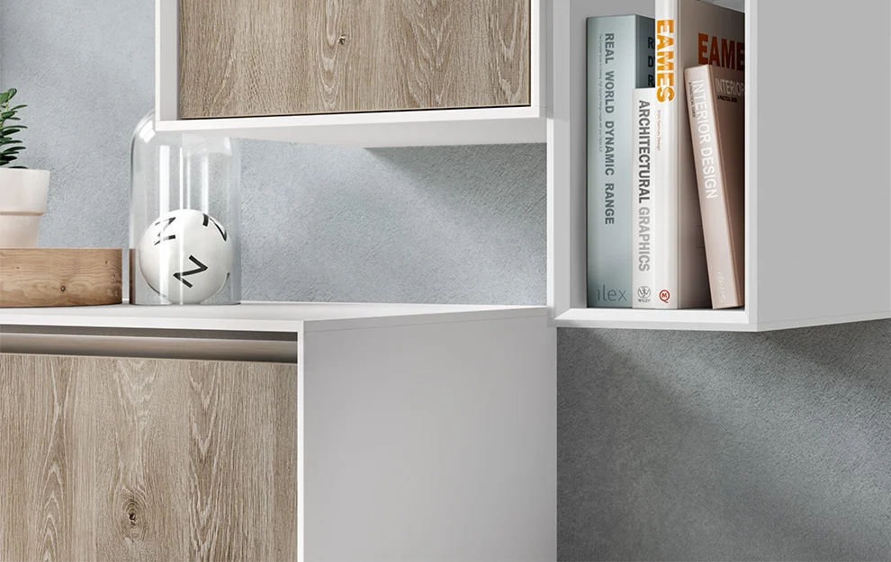 Moderne minimalistische Regale mit Büchern über Architektur und Design, mit einer dekorativen Pflanze und Uhr, an einer grauen strukturierten Wand.