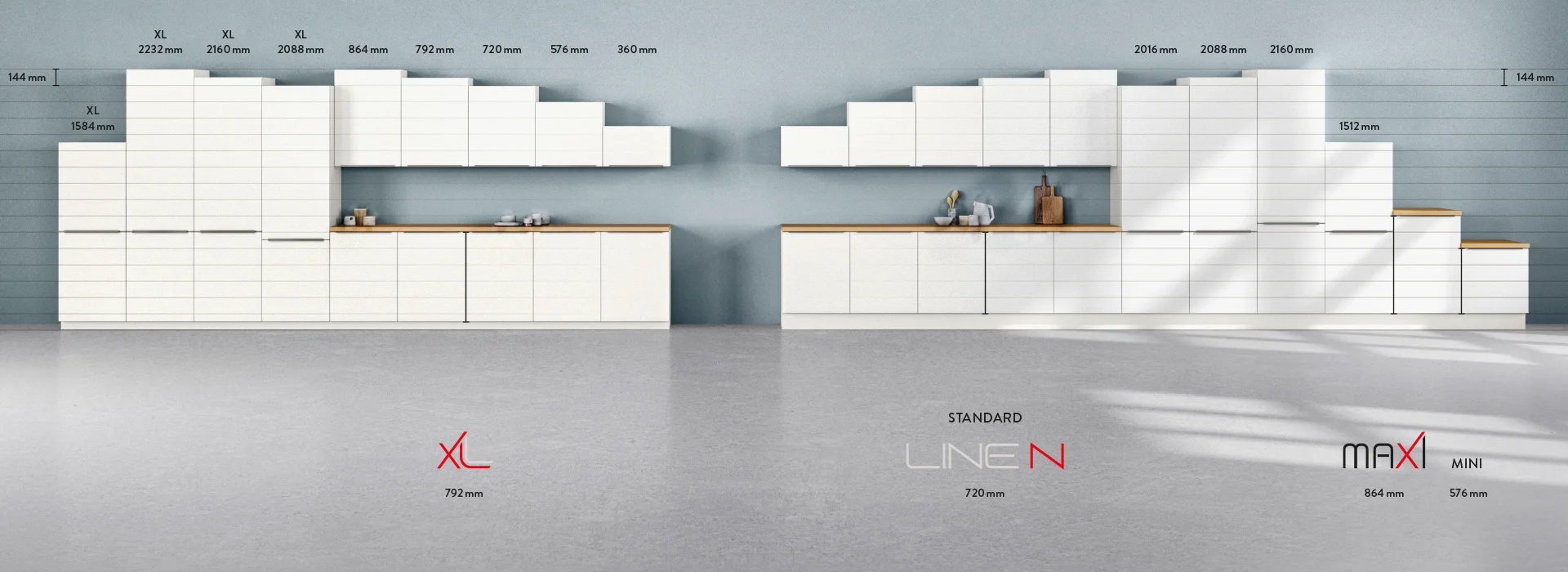 Flexibles Höhensystem im nobilia 144 Rastersystem für ergonomische Küchen.