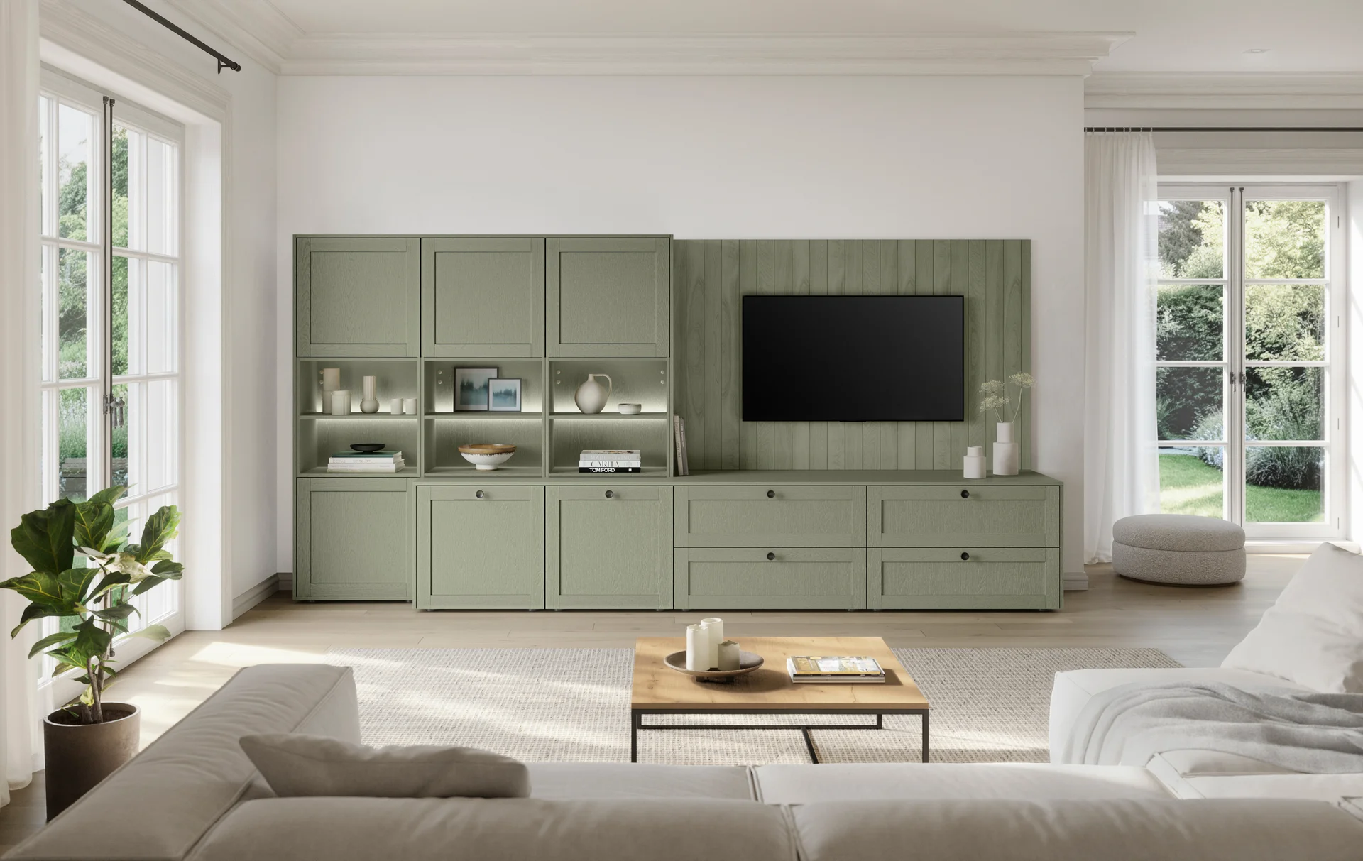 Wohnzimmermöbel in FRAME 617, Lacklaminat mit Holzstruktur in Olive - stilvoll, modern und wohnlich.